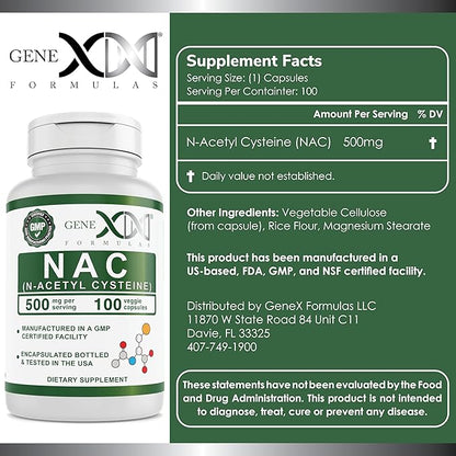 Genex Formulas NAC 500mg (100 Capsules) N-Acetyl Cysteine, Supports Liver Health - Non-GMO, Gluten Free, Vegan (3 Month Supply)