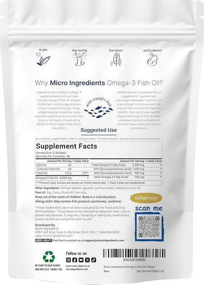 Micro Ingredients Triple Strength Omega 3 Fish Oil Supplements 4200mg Per Serving, 120 Softgels – Lemon Flavored – Burpless | EPA 1200mg + DHA 900mg | Deep Sea Fish
