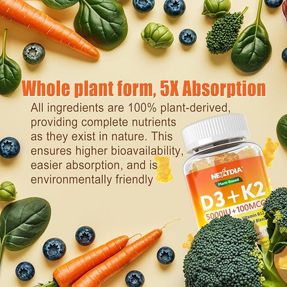 Organic Plant D3 5000 IU + K2(MK-7)100 mcg -5X Absorption Than Standard D3K2, 100% Whole Food Derived Omega-3,Methyl B12,Vitamin C, Zinc,and 5 Organic Vegetables,Supports Bone & Teeth Strength, Immune