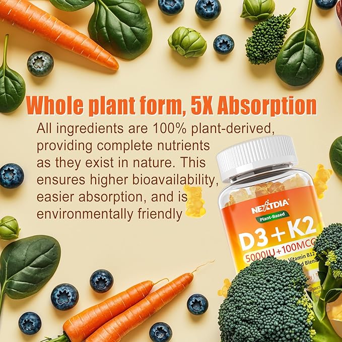 Organic Plant D3 5000 IU + K2(MK-7)100 mcg -5X Absorption Than Standard D3K2, 100% Whole Food Derived Omega-3,Methyl B12,Vitamin C, Zinc,and 5 Organic Vegetables,Supports Bone & Teeth Strength, 1 Pack