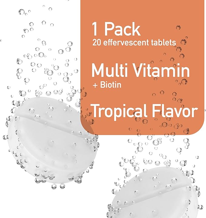 Effervescent Multivitamins + Biotin for Wellness and Vitality Dietary Supplement with Vitamins C, E, B1, B2 B6, B12, A, and D3, 20 Tablets