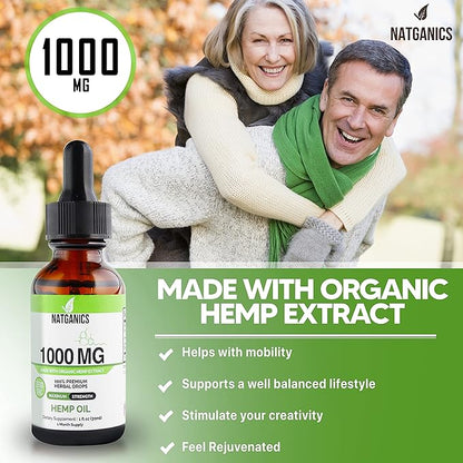 Organic Hemp Oil 1000mg - Ultra Premium Hemp Oil Drops 1000mg - Natural Hemp Oil Extract Tincture - Non-GMO Ultra-Pure CO2 Extracted Drops - Omega Fatty Acids 3 6 9 - Organically Grown & Made in USA