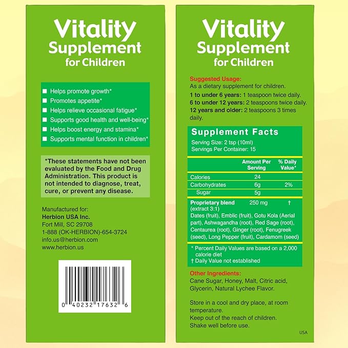 HERBION Naturals Vitality Supplement for Children, Promotes Growth and Appetite, Relieves Fatigue, Improves Mental & Physical Performance, for Kids 1 Year & Above, 10 Fl Oz (Pack of 2)