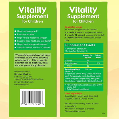 HERBION Naturals Vitality Supplement for Children, Promotes Growth and Appetite, Relieves Fatigue, Improves Mental & Physical Performance, for Kids 1 Year & Above, 10 Fl Oz (Pack of 2)