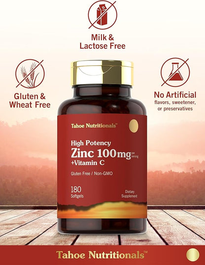 Carlyle Zinc Supplement 100mg with Vitamin C | 180 Softgels | Non-GMO, Gluten Free | Tahoe Nutritionals