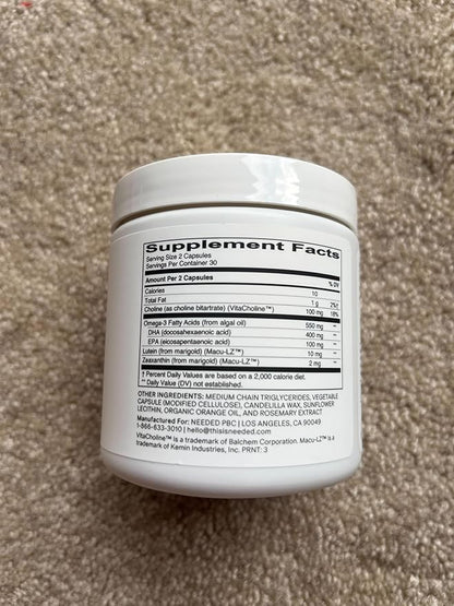 Needed. Vegan Omega-3 DHA & EPA Supplement - 500mg Omega-3 + 100mg Choline, Plant-Based Capsules, Sustainably Sourced Algae Oil, 2 Capsules Daily, 30-Day Supply