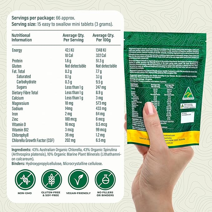 Organic Spirulina & Chlorella + Marine Plant Minerals, Australian | BioDynamic Cracked Cell Wall, Chlorophyll-Rich, Vitamins, Minerals |Vegan Tablets (200 mg) (1000)