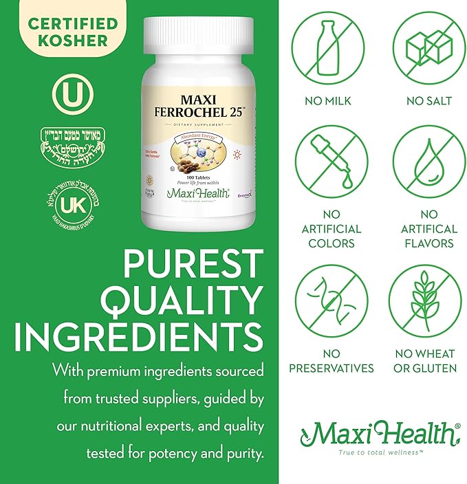 Maxi Health Iron Supplement - Gentle Iron Supplements for Men & Women - Ferrous Fumarate - Ferrochel 25 MG for Anemia & Red Blood Cell Production - Chelated Iron Pills - 100 Kosher Tablets