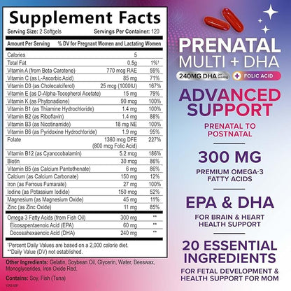 Prenatal Vitamins for Women with Folate & DHA, Prenatal Multivitamin Supports Brain Development with Folic Acid, Omega 3, Vitamin A, C, D, B6, B12 & Iron, Pregnancy Supplement, Non-GMO - 240 Softgels