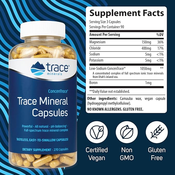 Trace Minerals Low-Sodium ConcenTrace Capsules - Supplement to Support Bone Health & Body Energy - Healthy Hydration & Electrolyte Support Supplement - 270 Capsules (90 Servings