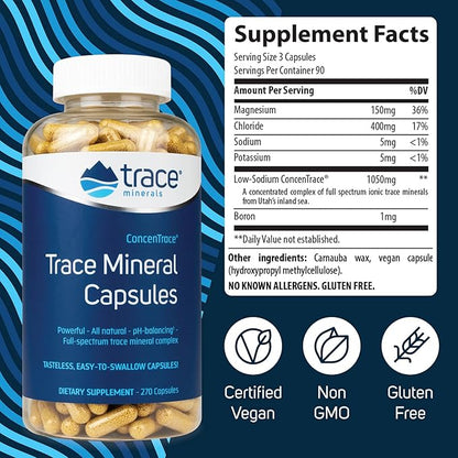 Trace Minerals Low-Sodium ConcenTrace Capsules - Supplement to Support Bone Health & Body Energy - Healthy Hydration & Electrolyte Support Supplement - 270 Capsules (90 Servings