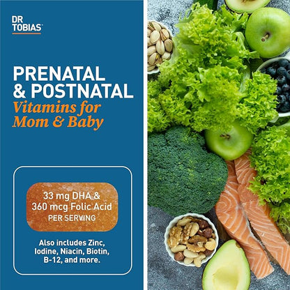 Dr. Tobias Prenatal Vitamin Gummy, Iron Free Prenatal Vitamins with DHA and Folic Acid, Niacin, Biotin, B6, & B12, Includes Fish Oil, for Pre & Postnatal Support, 60 Gummies, 30 Servings