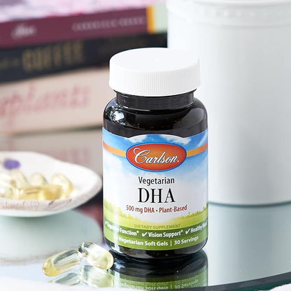 Carlson - Vegetarian DHA, 500 mg DHA, Plant Based, Sustainably Sourced from Algae, Brain Support, Mood Health, 30 Softgels