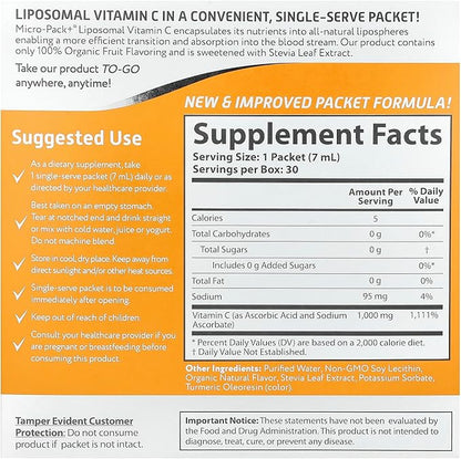 Aurora Nutrascience Micro-Pack Liposomal Vitamin C, Immune Support, 1,000 mg Per Serving, Gluten Free, Non-GMO, 30 Single Serve Packets, 21.7 oz