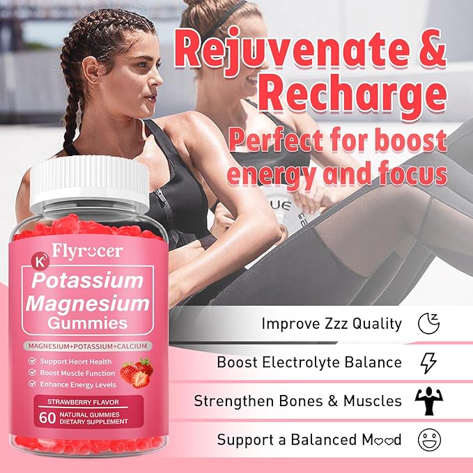 2 Pack Potassium Magnesium Gummies for Men & Women, Potassium Magnesium Supplement for Leg Cramps, Muscle Health, & Electrolyte Balance, Strawberry Flavor, 120 Gummies