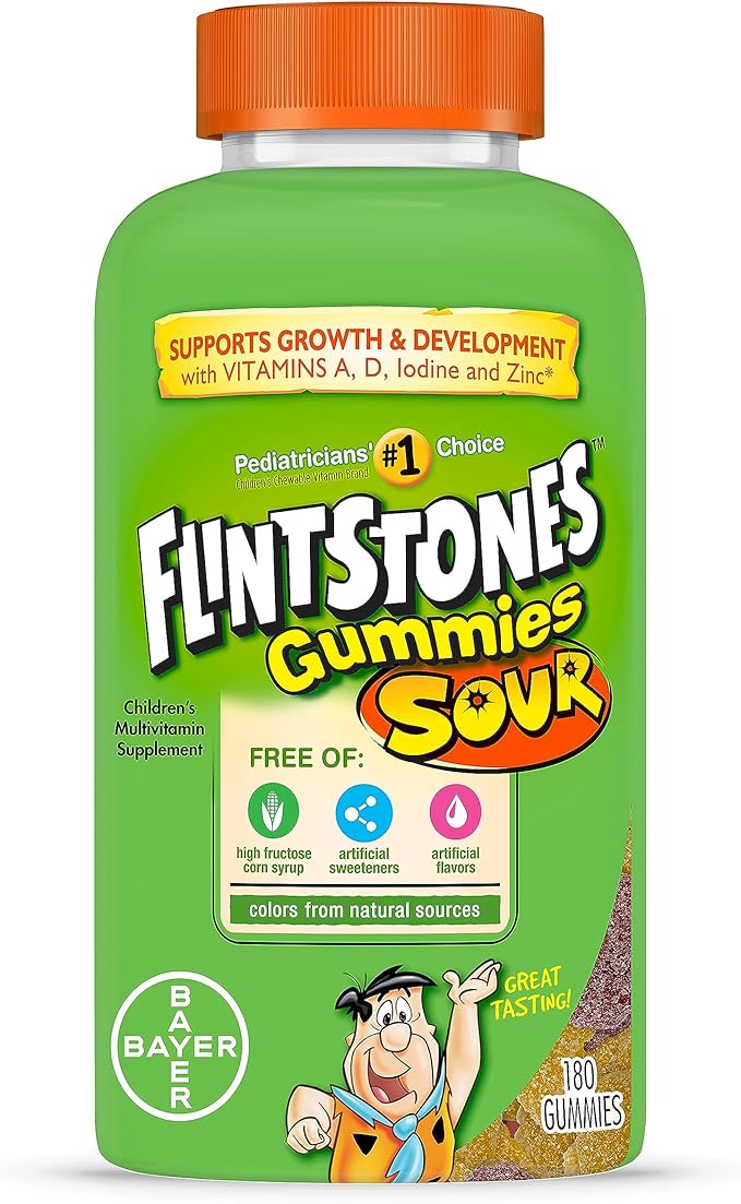 Flintstones Sour Gummy Vitamins For Kids, Kids Multivitamin Gummies with Vitamins C, B6, B12, A & Vitamin D, Support Kids Growth and Development, 180 Count