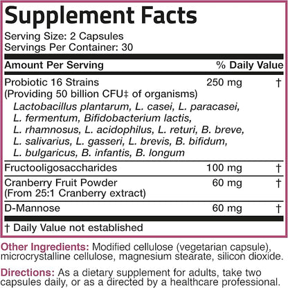 Bronson Women's Probiotic 50 Billion CFU + Prebiotic with Cranberry & D-Mannose – Vaginal Health, Healthy Digestion, Immune Function and Urinary Tract Support, Non-GMO, 60 Vegetarian Capsules