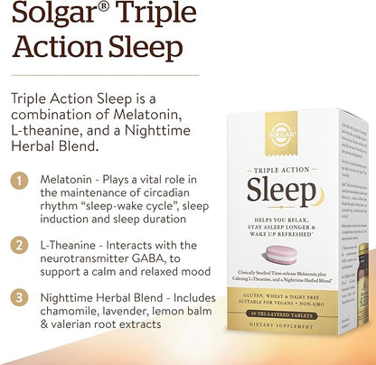 Solgar Triple Action Sleep, 30 Tri-Layer Tablets - Time-Release Melatonin & L-Theanine Plus Herbal Blend - Helps You Relax, Fall Asleep Fast & Stay Asleep Longer - Non-GMO, Gluten Free - 30 Servings