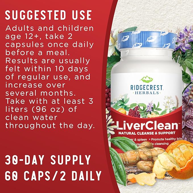 Ridgecrest Herbals LiverClean, Herbal Liver Support Supplement, Blessed Thistle, Dandelion, Detox, Cleanse Support, Healthy Bile (60 Caps, 30 Serv)
