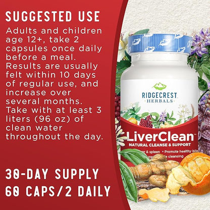 Ridgecrest Herbals LiverClean, Herbal Liver Support Supplement, Blessed Thistle, Dandelion, Detox, Cleanse Support, Healthy Bile (60 Caps, 30 Serv)
