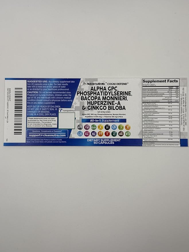 Clean Nutraceuticals Alpha GPC Choline Phosphatidylserine Bacopa Monnieri Ginkgo Biloba Huperzine A Supplement with Urdine Lions Mane Cats Claw NAC Vitamin C B D E