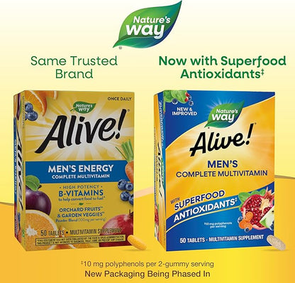 Nature's Way Alive! Men's Complete Multivitamin, Supports Energy Metabolism & Muscle Function*, B-Vitamins, Superfood Antioxidants**, Gluten-Free, 50 Tablets (Packaging May Vary)