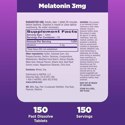 Natrol Melatonin 3mg, Strawberry-Flavored Dietary Supplement for Restful Sleep, 150 Fast-Dissolve Tablets, 150 Day Supply (Pack of 12)