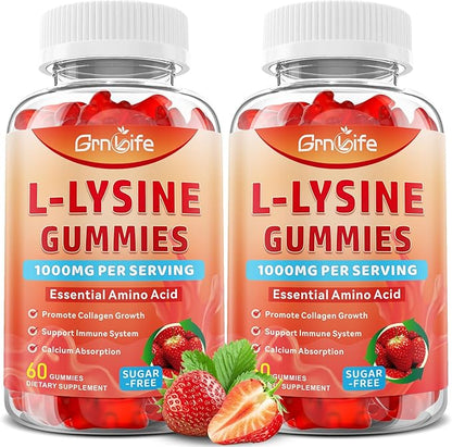 2 Pack L-Lysine 1000mg Gummies, Chewable Lysine Supplement for Adults & Kids, Essential Amino Acid Supplement for Immune Support, Collagen Formation Support, Strawberry, 120 Count