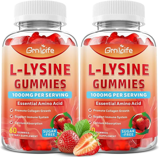 2 Pack L-Lysine 1000mg Gummies, Chewable Lysine Supplement for Adults & Kids, Essential Amino Acid Supplement for Immune Support, Collagen Formation Support, Strawberry, 120 Count