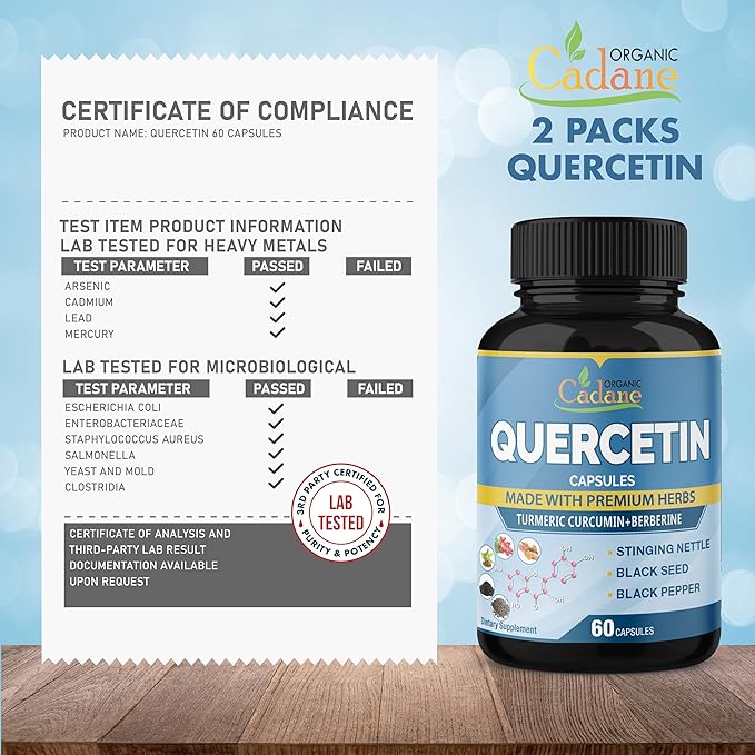 Organic Cadane 2 Packs Quercetin Supplements Capsules, 6in1 with Turmeric, Berberine, Stinging Nettle, Black Seed, Black Pepper - Supports Immune System - 4 Months Supply