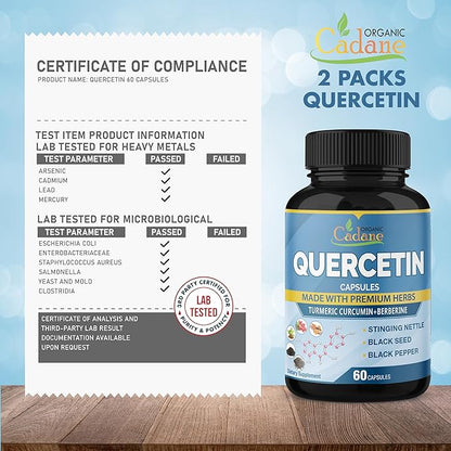 Organic Cadane 2 Packs Quercetin Supplements Capsules, 6in1 with Turmeric, Berberine, Stinging Nettle, Black Seed, Black Pepper - Supports Immune System - 4 Months Supply