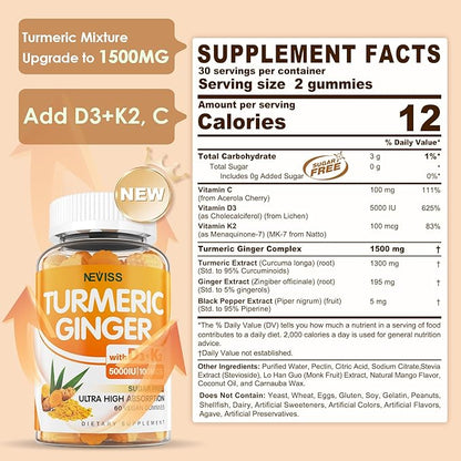Sugar Free Turmeric Ginger Gummies with 5000 IU Vitamin D3 & K2 (MK7), C - Vegan Turmeric Supplement Gummies for Adults 1500mg with Black Pepper, Supports Bone, Immune & Digestive Health - 120 Cts