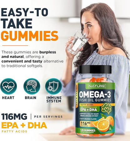 Omega 3 Fish Oil Gummies with EPA & DHA from Wild Fish - Triple Strength Omega 3 Fish Oil Gummy, Supports Healthy Heart, Brain & Immune System, Burpless & Natural - 120 Gummies, 60 Day Supply