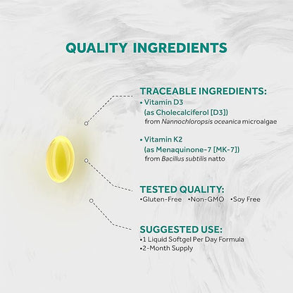 Vegan Vitamin D3 + K2 from Algae | 5000iu Vitamin D with 120mcg MK7 Vitamin K | Vegan Society Certified, Sustainably Sourced, Better Than Animal Derived | 60 Veggie Softgels
