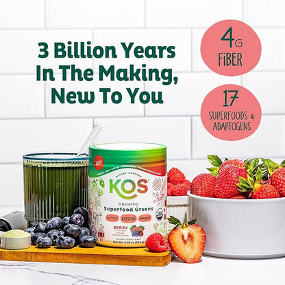 KOS Organic Superfood Greens Powder - Gut Health from Prebiotic Fiber, Supergreens and Adaptogens - USDA Certified Organic, Made in a GMP Certified Facility - 28 Servings Berry