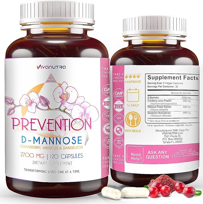 D Mannose Capsules 2000 MG Per Day - With Cranberry Pills for Urinary Tract Infection - Fast-Acting Pills For Bladder Health, UTI, Flush Impurities, d-mannose 4-in-1 Formula for men and women 120CT