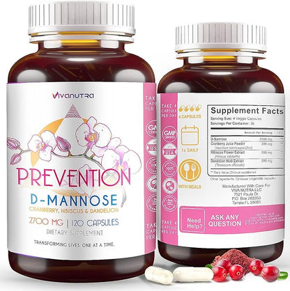 D Mannose Capsules 2000 MG Per Day - With Cranberry Pills for Urinary Tract Infection - Fast-Acting Pills For Bladder Health, UTI, Flush Impurities, d-mannose 4-in-1 Formula for men and women 120CT