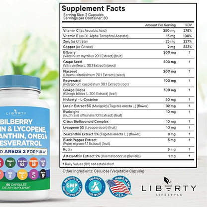Eye Health Vitamins with Bilberry, Lutein & Zeaxanthin, Lycopene, Resveratrol, Grape Seed Extract, Flaxseed Astaxanthin- AREDS 2-120 Capsules
