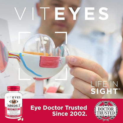 Viteyes AREDS 2 Zinc Free Macular Support, Natural Allergen Free Capsules with Vitamin E, Vitamin C, Lutein & Zeaxanthin, No Zinc, No Copper, Eye Doctor Trusted, Manufactured in The USA, 180 Ct