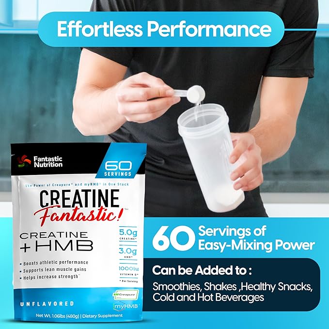 Creatine Fantastic 5g Creapure Creatine Plus 3g of myHMB for Increased Strength, Improved Muscle Growth, Enhanced Athletic Performance, and Extra Energy – 60 Servings, Unflavored
