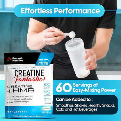 Creatine Fantastic 5g Creapure Creatine Plus 3g of myHMB for Increased Strength, Improved Muscle Growth, Enhanced Athletic Performance, and Extra Energy – 60 Servings, Unflavored