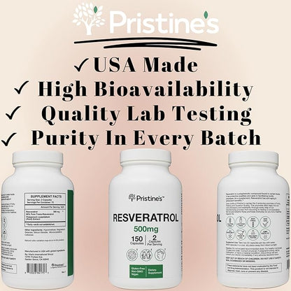 PRISTINE'S Resveratrol 500MG 75 Day Supply Anti Aging Antioxidant & Heart Health Supplement Capsules - Brain & Lung Health Benefits
