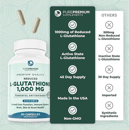 PurePremium Reduced Glutathione 1000mg Per Serving - 500mg Per Capsule – L-Glutathione Supplement & Antioxidant Support for Normal Liver, Brain, Skin & Heart Health – 90 Capsules