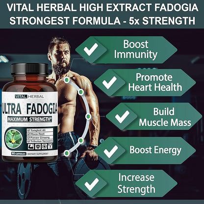 Fadogia Agrestis with Tongkat Ali Capsules for Maximum Strength with Ginseng Maca Root Tribulus - Boost Energy Muscle Buider (90 Count (Pack of 1))