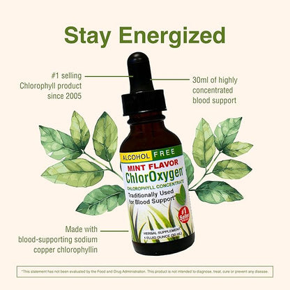 Herbs Etc. ChlorOxygen Chlorophyll Concentrate - Highly-Concentrated Energy Support - Aids Healthy Blood Circulation - Natural Vitality Support - Alcohol-Free - 1 fl oz, Mint (About 66 Servings)