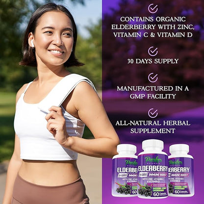 Organic Elderberry Capsules, 4-Way Immune Boost, Vitamins C, D, and Zinc Support, 1260.1 mg Elderberry Supplements for Adults, 60 Capsules
