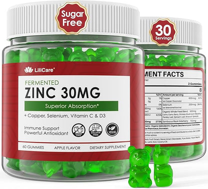 Zinc Gummies + Copper, Selenium, Vitamin C & D3, Fermented Zinc Supplements for Women and Men with Elderberry for Daily Immune Support, Powerful Antioxidant, High Absorption, Vegan, Sugar Free, 60 Cts