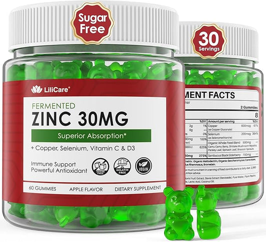 Zinc Gummies + Copper, Selenium, Vitamin C & D3, Fermented Zinc Supplements for Women and Men with Elderberry for Daily Immune Support, Powerful Antioxidant, High Absorption, Vegan, Sugar Free, 60 Cts