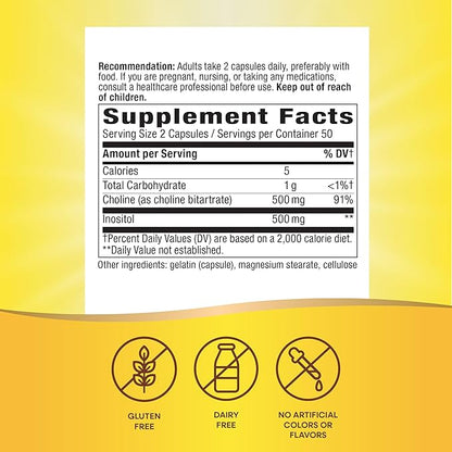 Nature's Way Choline & Inositol, Supports Brain Health & Cellular Energy*, 500 mg Choline & 500 mg Inositol per 2-capsule serving, Gluten Free, 100 Capsules (Packaging May Vary)