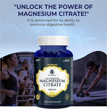 Biovitalia Magnesium Citrate Supplement for Sleep Heart Health Cognitive Health Bone Health Energy Muscles & Metabolism with Premium Magnesium - 60 Vegan 1000mg Capsules